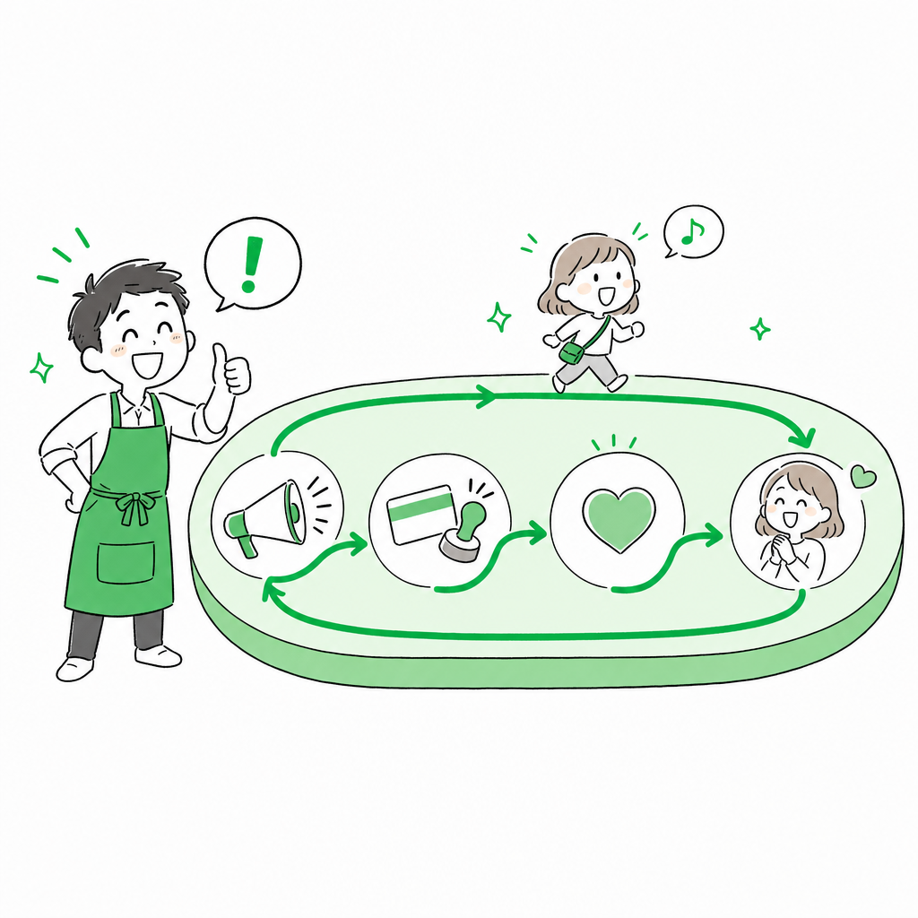 広告から会員証、配信、リピートまでを1つの基盤でひと続きにつなぐ様子