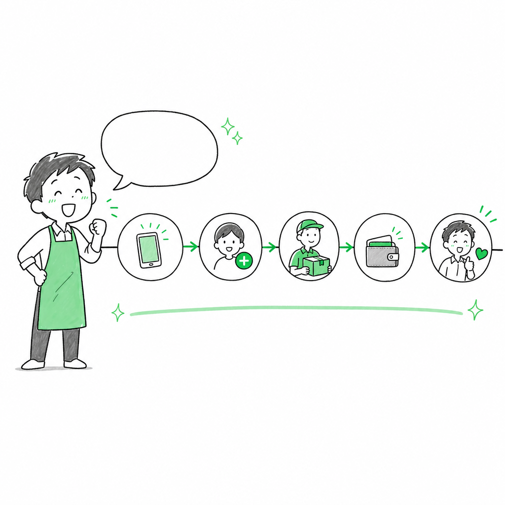広告から友だち追加、配信、予約、決済、リピートまでが1本の線でつながっている様子