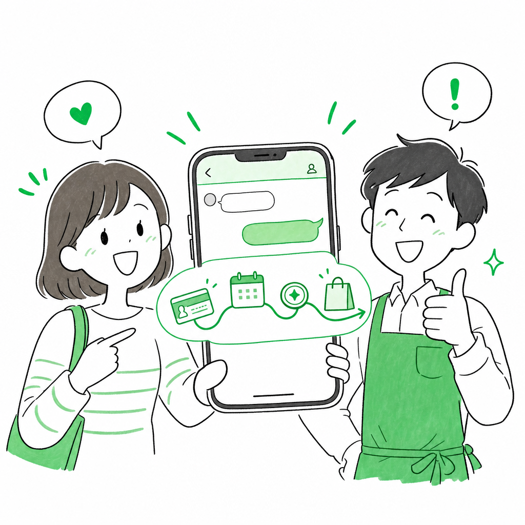 来店客が使い慣れたLINEの中で会員証・予約・ポイントをそのまま使えている様子