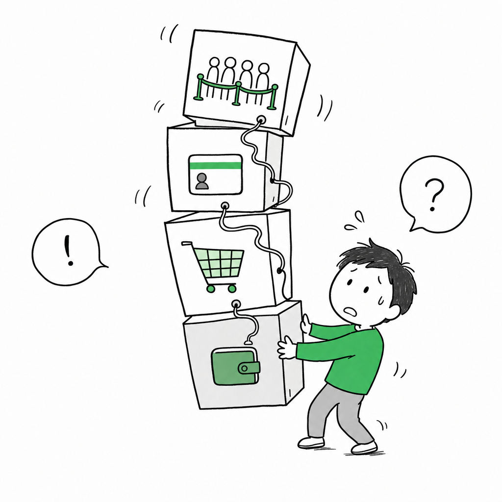 配信ツールに決済・EC・会員証・順番待ちのツールが一つずつ積み上がっていく様子